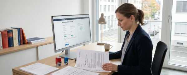 Bureau professionnel moderne avec écran d'ordinateur affichant une interface de lettre recommandée électronique et documents juridiques officiels