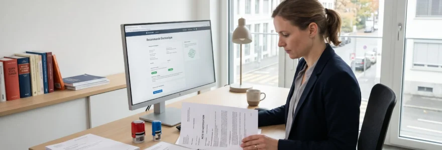 Bureau professionnel moderne avec écran d'ordinateur affichant une interface de lettre recommandée électronique et documents juridiques officiels